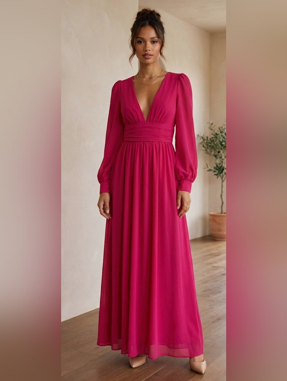 NWT Forever 21 Red Plunging V-Neck Long Sleeve Maxi Dress